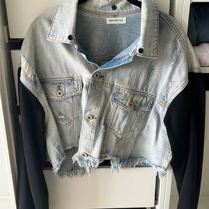 Cropped denim jacket with Black “sweatshirt” sleeves